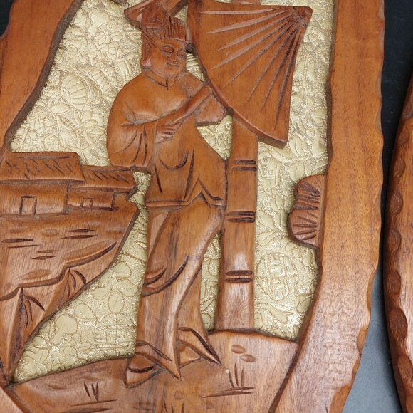 Vintage Hand Carved Wood Wall Panels Pair Leaf Shaped Asian Inspired Wall Art - Picture 6 of 7